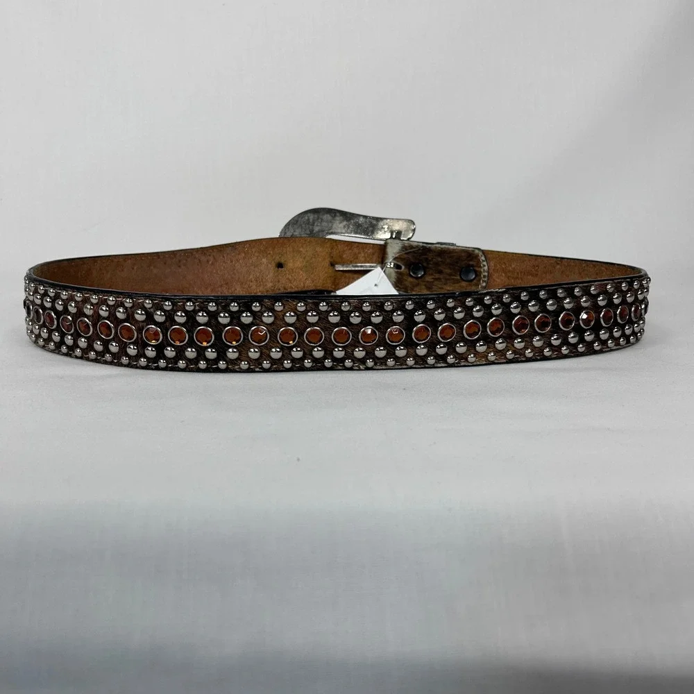 Western Brown Calf Hair Rhinestone Studded Belt – Silver Ornate Buckle (Size 32)